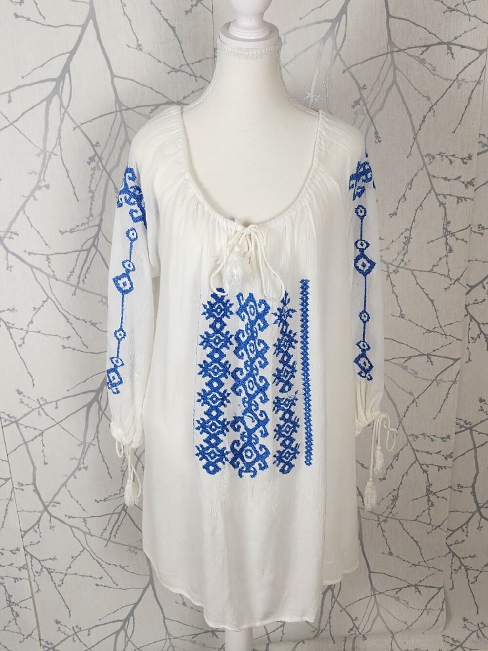 Cute Options White Blue Cross Stitch Embroidered Sheer Peasant Tunic